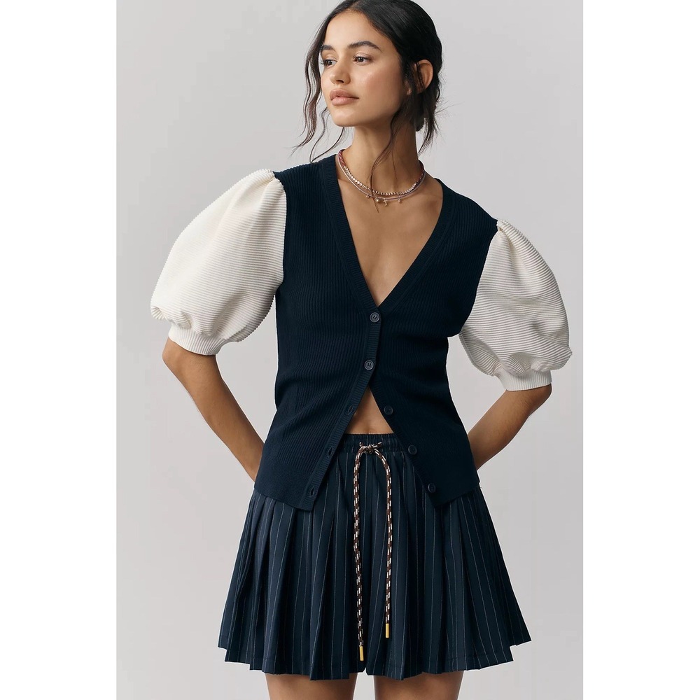 Anthropologie Maeve Puffed Short-Sleeve V-Neck Cardigan Sweater Size Small